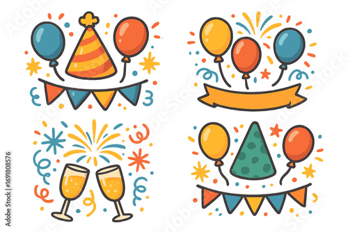 Party celebration doodle icon set. Happy New Year and birthday vector elements. Cartoon graphic collection with balloons, hats, fireworks, garlands, and champagne toast.