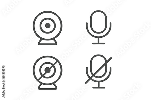 Web conference line icons set. Webcam microphone on off and mute buttons. Video call, online meeting, stream user interface symbols. Simple minimal outline vector illustration.