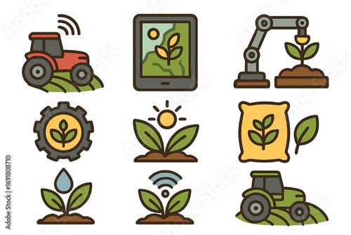 Agriculture technology icon set. Smart farming, automation, IoT and agritech concepts. Vector symbols for precision agriculture, robotics, organic cultivation and harvesting.