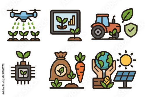 Smart farming icon set with modern agriculture technology. Vector illustration of agritech, drone, solar panel, tractor, and organic farming symbols for sustainability.