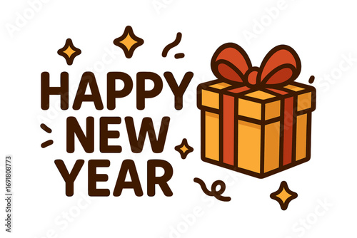 Happy New Year typography. Festive cartoon gift box icon. Vector illustration of a present with a bow for holiday celebration. Winter surprise party decoration design.