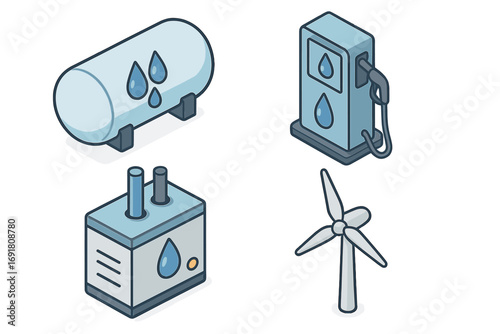 Isometric renewable energy icons set with hydrogen storage tank, fuel pump, electrolyzer, and wind turbine, clean power, eco-friendly technology, vector cartoon illustration