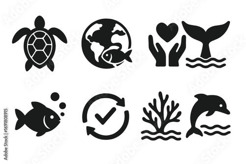 Ocean conservation icons set with marine life silhouettes, eco-friendly minimalist design, turtle, fish, coral, dolphin, earth, love hands, and recycling symbols, vector cartoon illustration