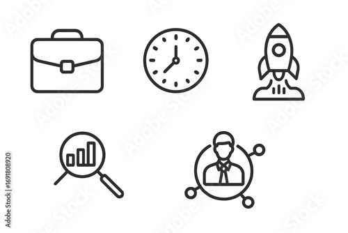 Business line icon set for startup success and project management. Thin line vector pictograms. Briefcase, time, rocket launch, data analysis, and employee networking symbols.
