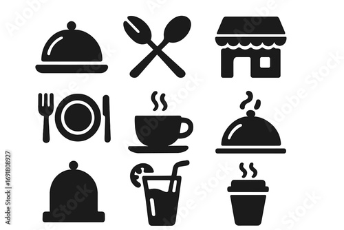 Restaurant and cafe solid glyph icons. Food service symbol set. Vector silhouette collection for dining, menu, gastronomy. Includes cloche, cutlery, coffee, drink, storefront.