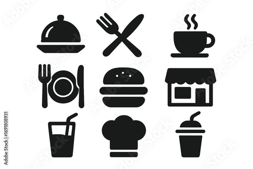 Restaurant and cafe icons set. Solid glyph symbols for food, dining, and cooking. Vector silhouette collection of burger, coffee, chef hat, and drink for menu design.