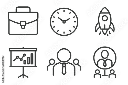 Business line icon bundle. Modern thin linear pictograms for web, apps. Icons of briefcase, clock, startup, analyzing, management, team, career, hr, launch, report.