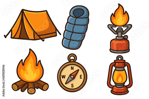Outdoor camping icons set with tent, sleeping bag, portable stove, campfire, compass, and lantern in colorful cartoon style, vector illustration for adventure and hiking gear design