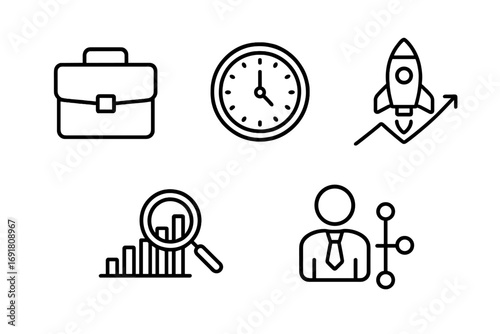 Business line icon set for startup success. Thin line vector pictograms. Growth analysis, time management, career, data research, organization structure. Web, App, Infographic.