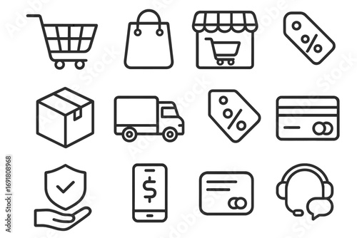 Outline icons for e-commerce, online shopping, delivery, payment methods, discounts, secure transactions, customer support, mobile payments, package shipping, credit card and cart symbols, vector set