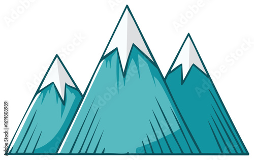 Three stylized blue mountain peaks with white snowcaps and rugged terrain design