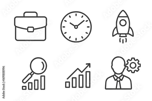 Business line icon set for startup success. Thin line vector icons collection for web design. Includes briefcase, clock, rocket launch, data analysis, growth chart, management.