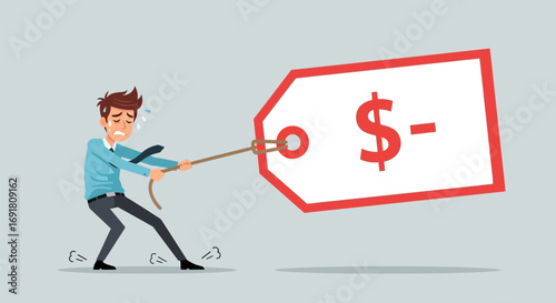 Cartoon Man Struggling to Pull a Large Price Tag