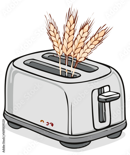 Conceptual image of a shiny grey toaster with four wheat stalks emerging from it as a visual metaphor for alternative uses.