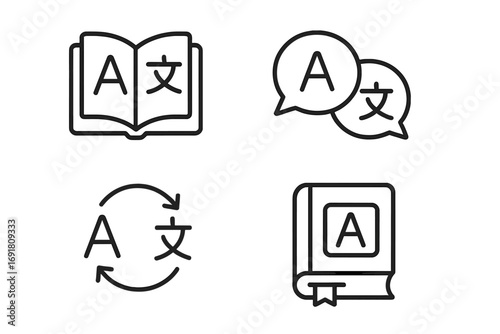 Language translation linear icon set. Dictionary and vocabulary book symbols. Bilingual communication and learning icons. Foreign language exchange vector pictogram collection.