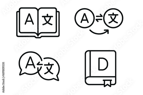 Language translation icon set. Linear symbols for dictionary, vocabulary, and communication. Foreign language learning, bilingual conversation, and interpreter service line icons.