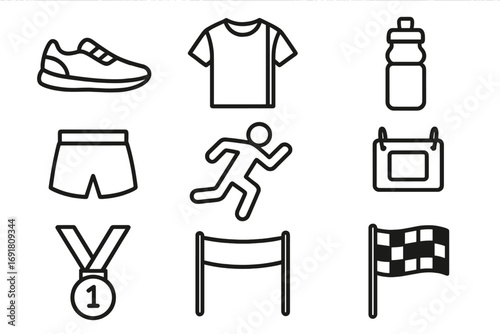 Minimalist athletic gear and race icons collection in black outline style, running shoe, sportswear, water bottle, shorts, runner, medal, race finish line, vector illustration, transparent background