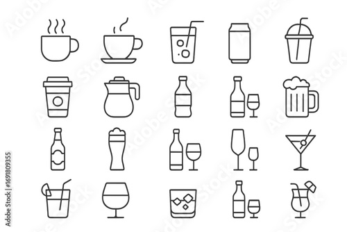 Drinks and beverages line icon set. Coffee, tea, beer, wine, cocktail and juice vector icons. Alcohol, soft drink and hot beverage pictograms for bar menu or app design.