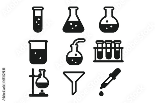 Scientific equipment icons chemistry tools minimalist black silhouette style vector cartoon illustration transparent background ordered set laboratory flasks beakers pipette funnel