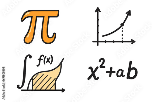 Math symbols icon set. Mathematics, algebra, calculus concepts. Pi, integral, function graph, formula. Science and education vector illustration. Doodle cartoon sticker pack.