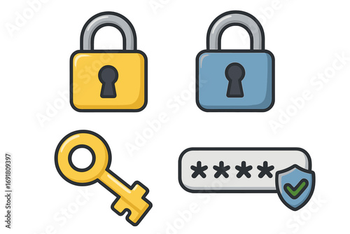 Secure icons set with padlocks, key, and password shield, digital privacy concept, vector cartoon illustration, cybersecurity symbols, transparent background design