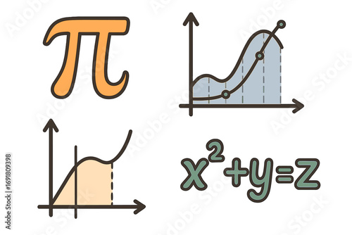 Math symbols icon set. Pi, graphs, calculus, algebra. Vector cartoon illustration. Mathematical concepts for education. Function plot, integral, equation, formula. Science.