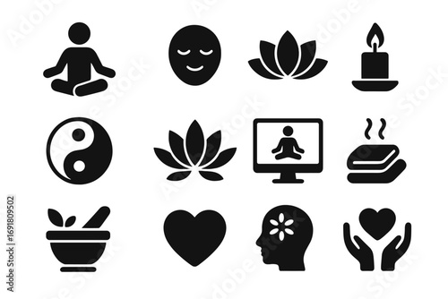 Meditation wellness solid icon set vector. Yoga relax symbol collection. Spa spiritual balance concept. Mindfulness mental health. Lotus, yin yang, candle, heart glyph.
