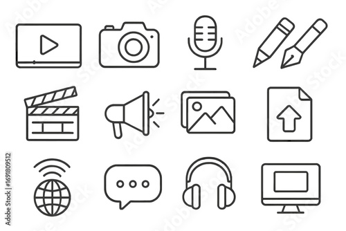 Content creation and digital media icon set. Line art symbols for multimedia, publishing, and social media marketing. Vector icons of camera, video, podcast mic, blog, upload.