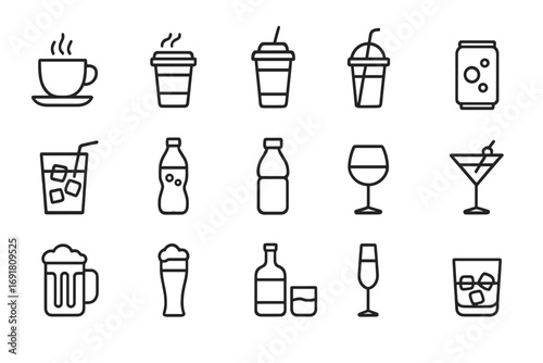 Drinks and beverages line icon set. Coffee, soda, beer, wine, cocktail and juice outline icons. Minimal vector pictogram with editable stroke for cafe and bar menu design.