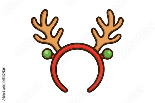 Reindeer antlers headband. Christmas party costume accessory. Funny holiday hair hoop with deer horns. Cute cartoon vector illustration for festive winter celebration design.