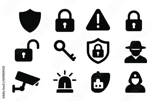 Security and safety solid icons set. Protection and privacy symbols. Vector glyph collection with shield, lock, key, cctv camera, alarm siren, spy, and warning sign.