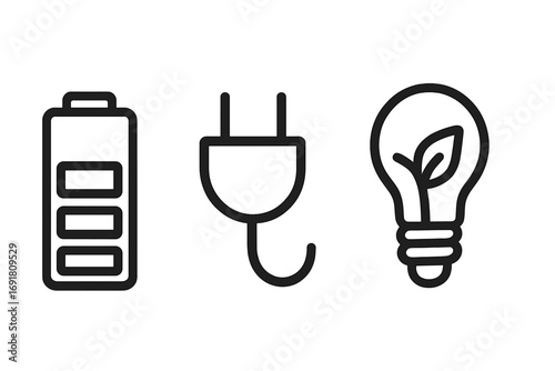 Eco energy icons set. Green power concept with battery, plug, and light bulb with leaf symbol. Renewable electricity collection for sustainability and environmental ideas. Vector.