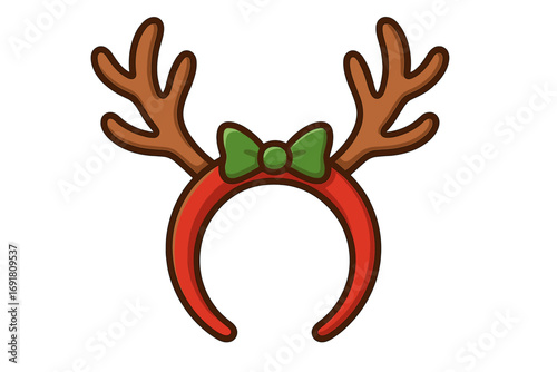 Christmas reindeer antlers headband icon. Cartoon vector for a holiday party costume. Festive headwear with deer horns and green bow. Winter celebration fun accessory.