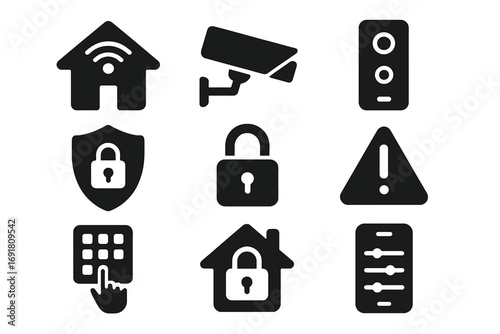 Smart home security icon set. Solid glyph symbols for house automation, protection, and surveillance systems. Vector icons of camera, lock, keypad, and alarm for web and app.