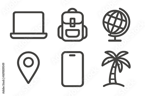 Travel icon set for digital nomad lifestyle. Vector line art with laptop, backpack, globe, map pin, smartphone, palm tree. Concept for work, vacation, holiday, trip symbols.