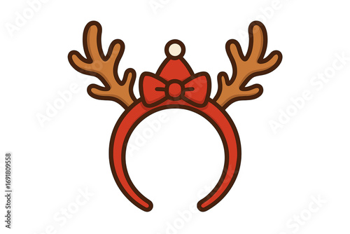 Christmas reindeer antlers headband icon. Cute cartoon vector illustration for holiday party costume. Funny Xmas accessory with red bow. Isolated winter festive decoration.