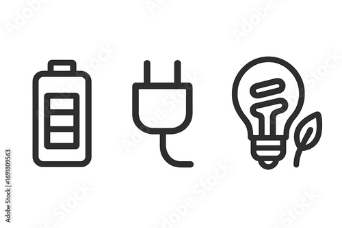 Set of minimalist black line icons for energy and power. Vector symbols for battery, charging plug, and eco-friendly light bulb. Green energy, sustainability, and conservation concept.