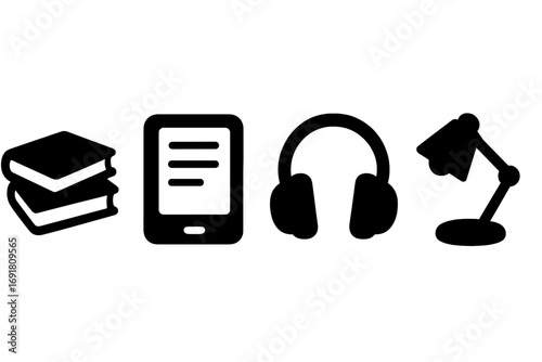 Silhouette icons of books, e-reader, headphones, and desk lamp for libraries, learning, reading, education, study, knowledge, technology, audio, and workspace vector set