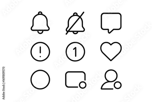 Minimalist black notification icons set for app and website UI. Vector line art symbols for new message, like, alert, profile, and mute notifications. For user interface design.
