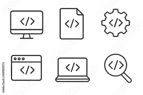 Minimalist linear style coding programming icon set including computer, file, gear, browser window, laptop, and magnifying glass symbols for software development and tech design
