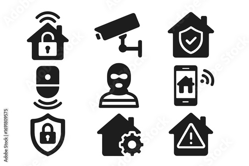 Smart home security icon set. Vector glyph symbols for automation, surveillance, and protection. CCTV camera, burglar, alarm, and mobile app control pictograms. Isolated.