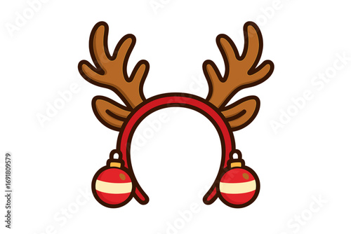 Christmas reindeer antlers headband vector. Holiday party costume accessory. Xmas photo booth prop. Cute headwear with deer horns. Funny hairband cartoon illustration. Fun festive season.