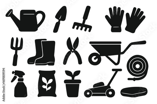 Silhouette icons of gardening tools and equipment for modern landscapes, vector cartoon illustration with transparent background, ordered set of essential garden supplies and accessories