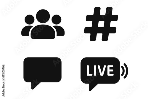 Social media icon set. Solid glyph collection for web and app design. Follower group, hashtag, comment bubble, and live stream symbols. Vector for UI kit and digital marketing.