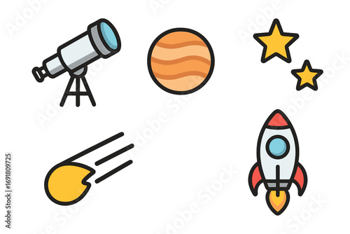Simple Space Icons Set Featuring Telescope, Planet, Stars, Meteor, and Rocket. Colorful Cartoon Vector Illustration with Transparent Background. Space Exploration, Astronomy Symbols, Cosmic Design.