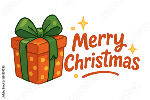 Merry Christmas lettering with gift box vector illustration. Festive holiday present with green ribbon bow. Cartoon greeting design for winter celebration surprise.