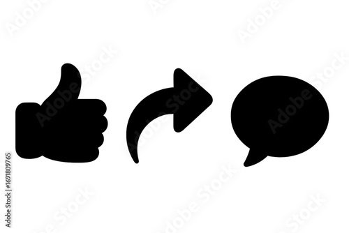 Social media icons set, thumbs up like, share arrow symbol, comment bubble chat, black silhouette style, vector illustration, transparent background, digital networking symbols