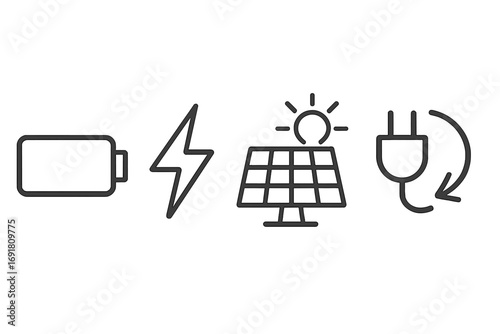 Minimalist energy icons set with battery, electricity, solar panel, and charging plug symbols in line art style. Clean vector illustration of sustainable power concept with transparent background.