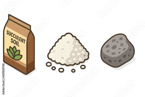 Soil and substrate isometric icon set. Vector cartoon illustration of gardening components. Potting mix for succulents, perlite pile, and pumice stone for horticulture.