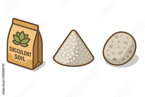 Soil and substrate isometric icon set. Succulent soil mix components: potting soil bag, perlite, pumice stone. Gardening, horticulture vector cartoon illustration elements.